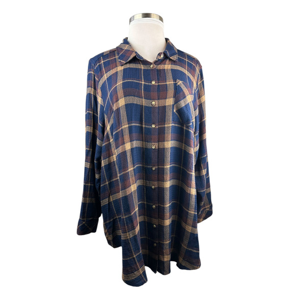 Torrid Lizzie Crinkle Flannel Gauze Button Up Tunic Navy Plaid Plus Size 3 3X - Picture 12 of 13